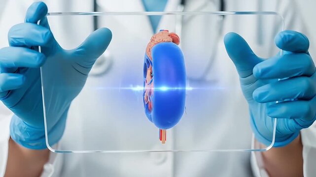 Gloved hands holding transparent glass plate with detailed human kidney model anatomy