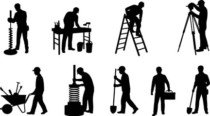 Construction and maintenance worker silhouettes set featuring builder with tools, ladder, wheelbarrow, shovel and tripod equipment, black vector illustration isolated on light background © Goutom