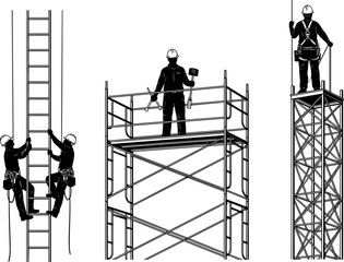 Construction workers on scaffolding and ladder silhouettes isolated black vector illustration for industrial safety, building maintenance and high rise construction concept