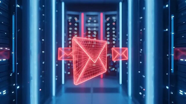 Futuristic server room with glowing red email and neon lights, data center concept with digital