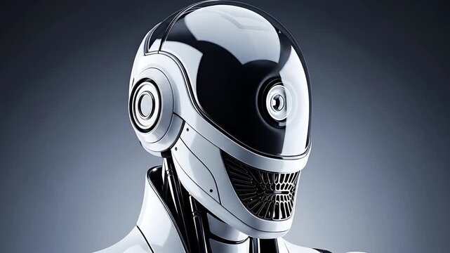 Futuristic Robot Head with Shiny Metallic Surface and Advanced Camera Eye