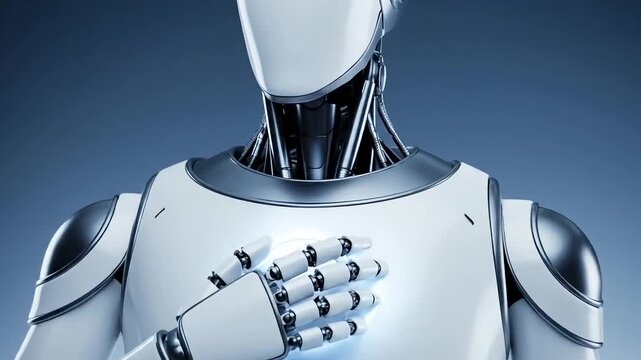 Futuristic robot with white and silver metallic body standing against blue gradient background