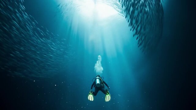 Scuba diver in black wetsuit swimming towards sunlight through a school of fish underwater. Perfect for documentaries, ocean conservation, and marine life presentations.