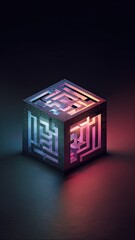 Futuristic Neon Cube with Glowing Maze Pattern in Dark Studio