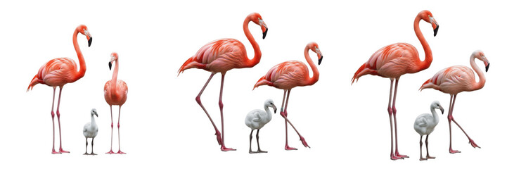 Obraz premium Set of Realistic Flamingo Family Groups with Chick Isolated on White Background PNG