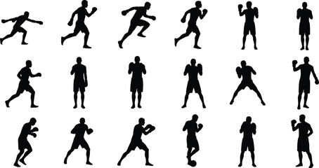 Fototapeta premium Black Silhouette Set of Professional Boxers in Fighting Poses Punching and Guarding for Martial Arts Combat Sports Fitness Training and Athletic Competition Vector Graphics