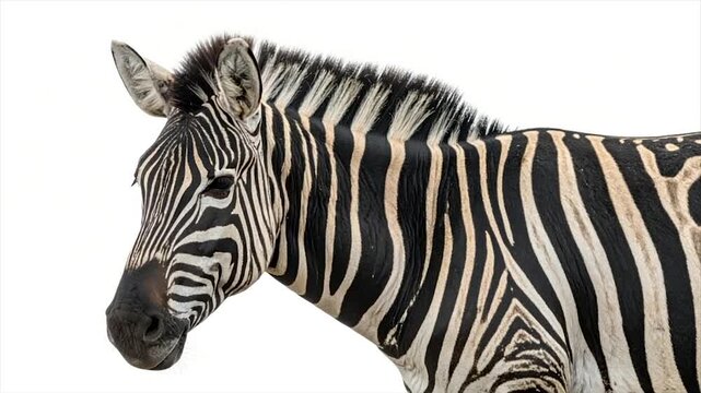 A close-up portrait of a zebra against a white background, highlighting its distinctive stripes