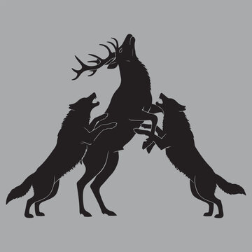 Wolves Attacking Stag Dramatic Clash silhouette vector design art and illustration