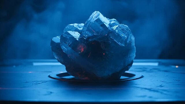 A mysterious crystal orb glows with an inner light on a dark blue platform surrounded by fog
