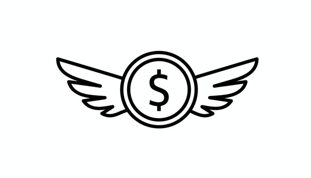 Minimalist black line icon of a dollar coin with wings isolated on a white background, ideal for financial growth concepts, investment website design and cryptocurrency marketing materials
