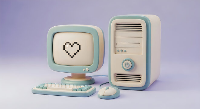 Retro computer with heart on screen and keyboard mouse on purple background