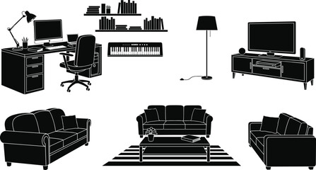 Collection of black home office and living room furniture silhouettes featuring modern workstations sofas bookshelves floor lamps television stands and interior design vector elements © Mukta