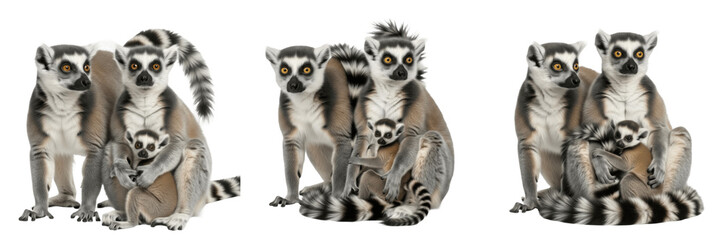 Set of Realistic Ring-Tailed Lemur Family Groups with Baby Isolated on White Background PNG © KArim