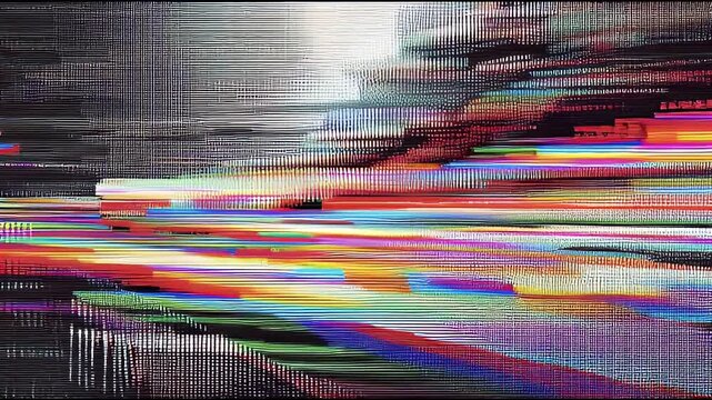 Abstract digital glitch transition with dynamic colorful data streaks, creating a vibrant visual noise effect and electronic pixel distortion