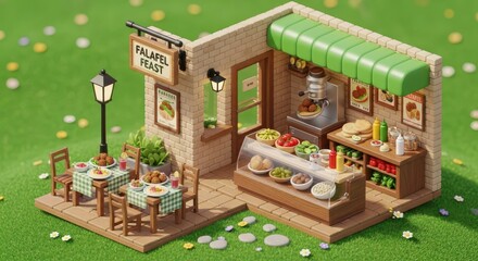 Miniature depiction of an outdoor dining area connected to a small food stall specializing in legume fritters