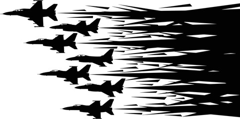 Fighter jet formation silhouette illustration, military aircraft speed trail concept, modern air force vector design, black and white dynamic aviation graphic © Goutom