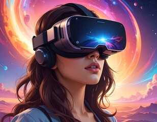 Woman wears VR headset, witnessing a vibrant space scene with swirling galaxies