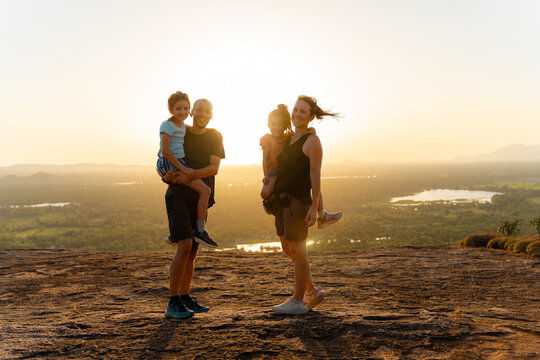 Family kids sunset hike, Sri Lanka. 