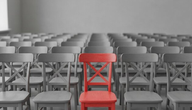 Red chair standing out among grey chairs individuality and uniqueness concept