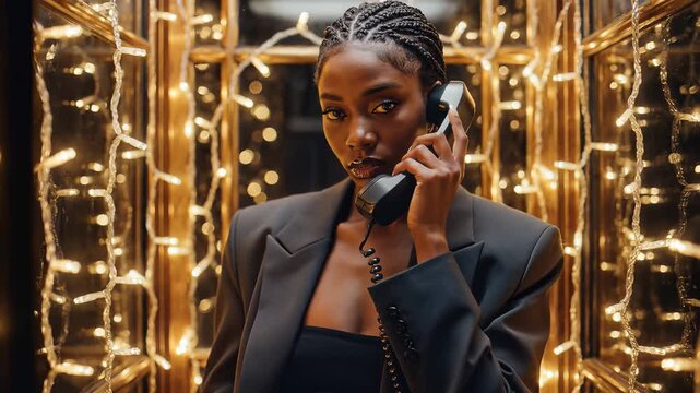Confident woman talking on a landline phone in a luxurious setting.