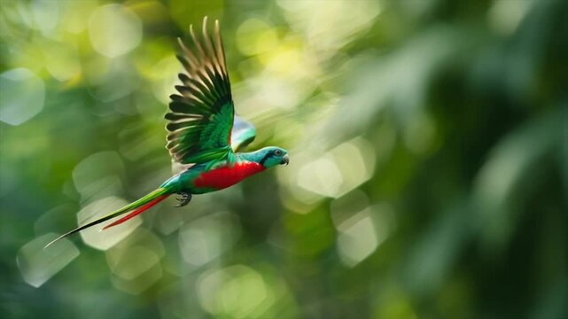 A vibrantly colored bird in flight, wings spread against a blurred green background