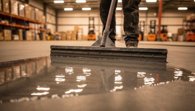 Worker sweeping water on a concrete floor in a large industrial warehouse