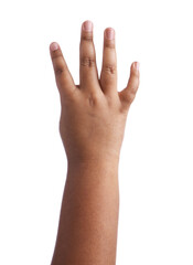 Obraz premium African-american boy showing four fingers on white background, closeup