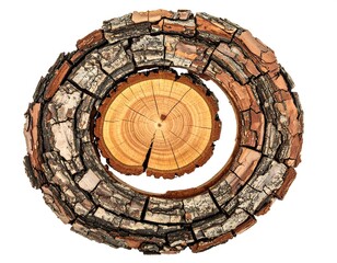 Wood slice with concentric rings and a cracked bark ring frame, isolated on white