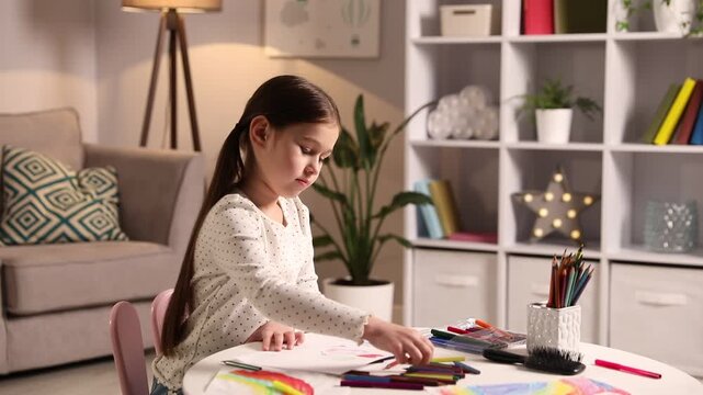 Little girl drawing with colorful pencils at white table indoors
