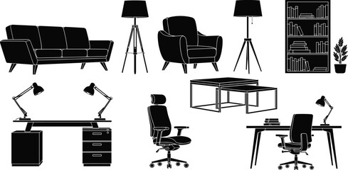 Large collection of black furniture silhouettes featuring modern sofas elegant armchairs office desks floor lamps bookshelves and home interior decor elements for vector design © Mukta
