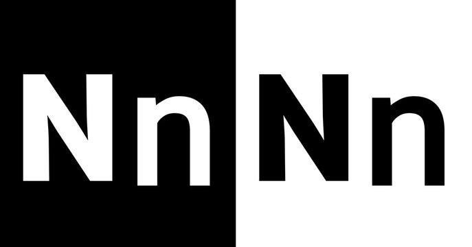 Alphabet letter n N typography design with high contrast black and white split minimal background
