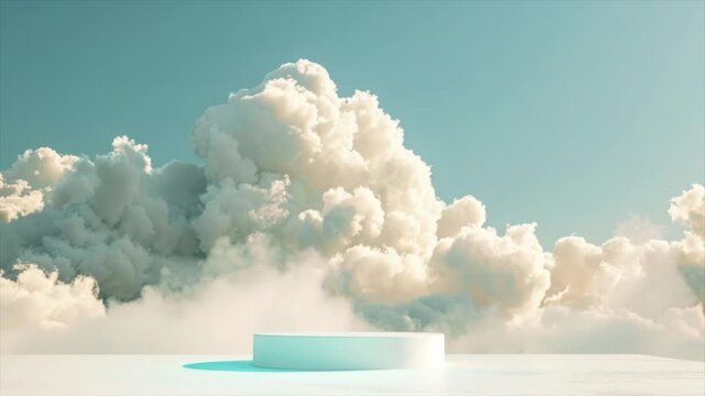 A serene cloudscape features a puffy cloud backdrop, platform. Muted colors & minimal design