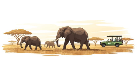 A semi-realistic illustration of a family of elephants walking across a savannah with a safari vehicle in the background, conveying a sense of wildlife conservation and biodiversity © NanzZ