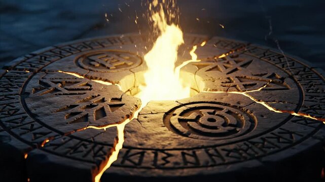 Ancient cracked stone altar with glowing runes and erupting fire, mystical energy