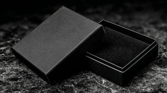 Minimal open black packaging box with textured surface sits on dramatic dark marble, ideal for luxury branding, jewelry presentations, or high-end product mockups.
