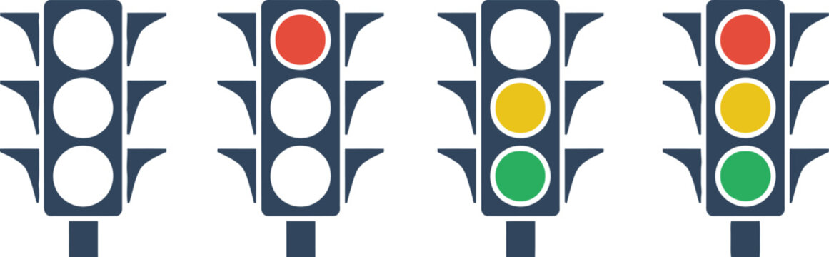 Set of four traffic light icons showcasing different signal states: off, red, yellow, and green, ideal for representing traffic control and decision-making.