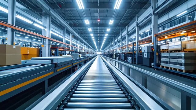 Long view of an industrial warehouse, conveyor belt runs toward a distant, illuminated point