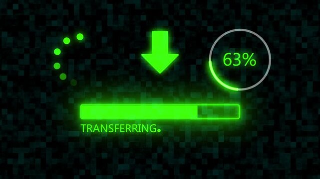 TRANSFERRING  Upload Progress Bar 0 to 100%  with Green Glowing Download Arrow and Percentage Indicator
