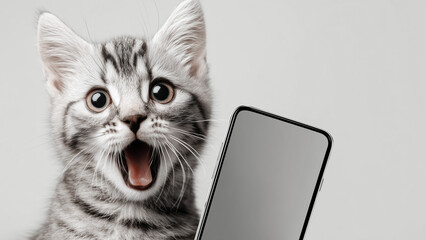 Smartphone shocked meme cat with copy space on white background  cat-meme_1251