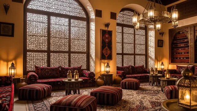 A luxurious interior with red cushioned furniture, ornate chandeliers, and patterned rugs in a warmly lit room with large decorative windows. Perfect for hospitality, interior design, and