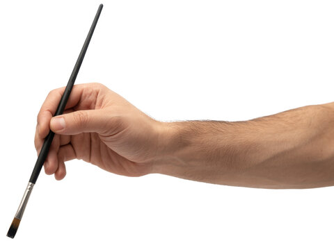 Hand holding paintbrush painting isolated on a transparent background