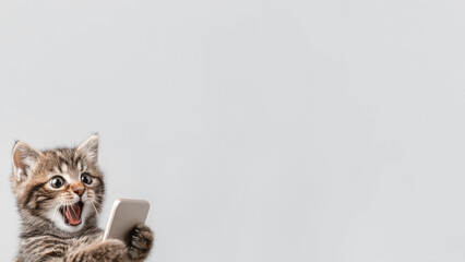 Smartphone shocked meme cat with copy space on white background  cat-meme_1262