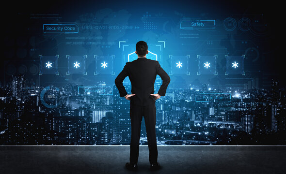 A concept of an advanced cybersecurity system. The futuristic interface shows a multi-factor authentication process using a secure password or PIN for enhanced data protection. Fermion