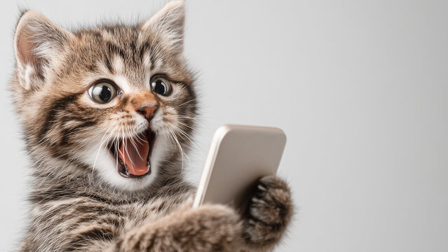 Smartphone shocked meme cat with copy space on studio background  cat-meme_1261