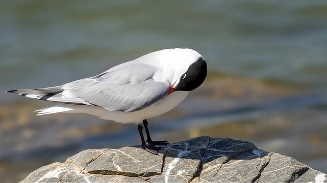 Calm seabird with black head preening on a rock at the edge of clear water on a sunny day, serene wildlife scene.