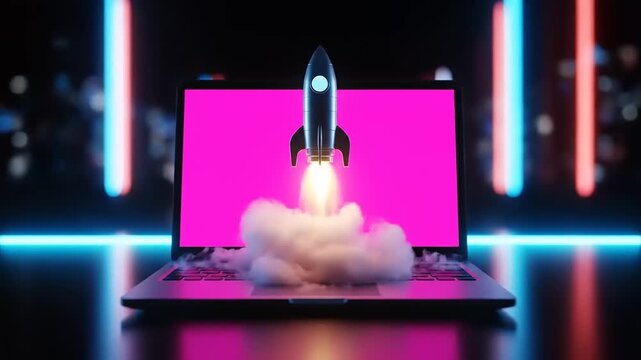 Startup Rocket Launching from Laptop with Neon Backdrop