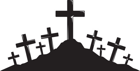 Silhouette of multiple crosses on a hilltop at sunset