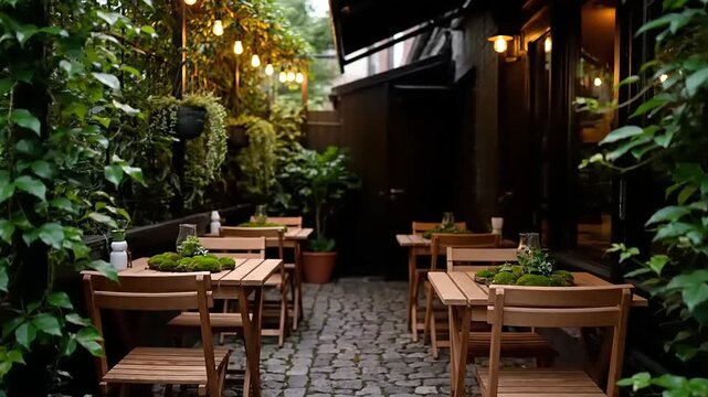 Cozy Outdoor Restaurant Patio with Greenery and Warm Lights