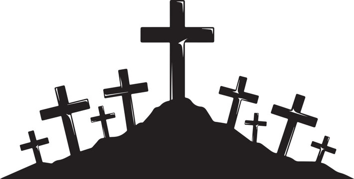 Silhouette of multiple crosses on a hilltop at sunset