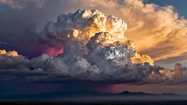Dramatic cumulonimbus cloud formation glowing with sunset colors